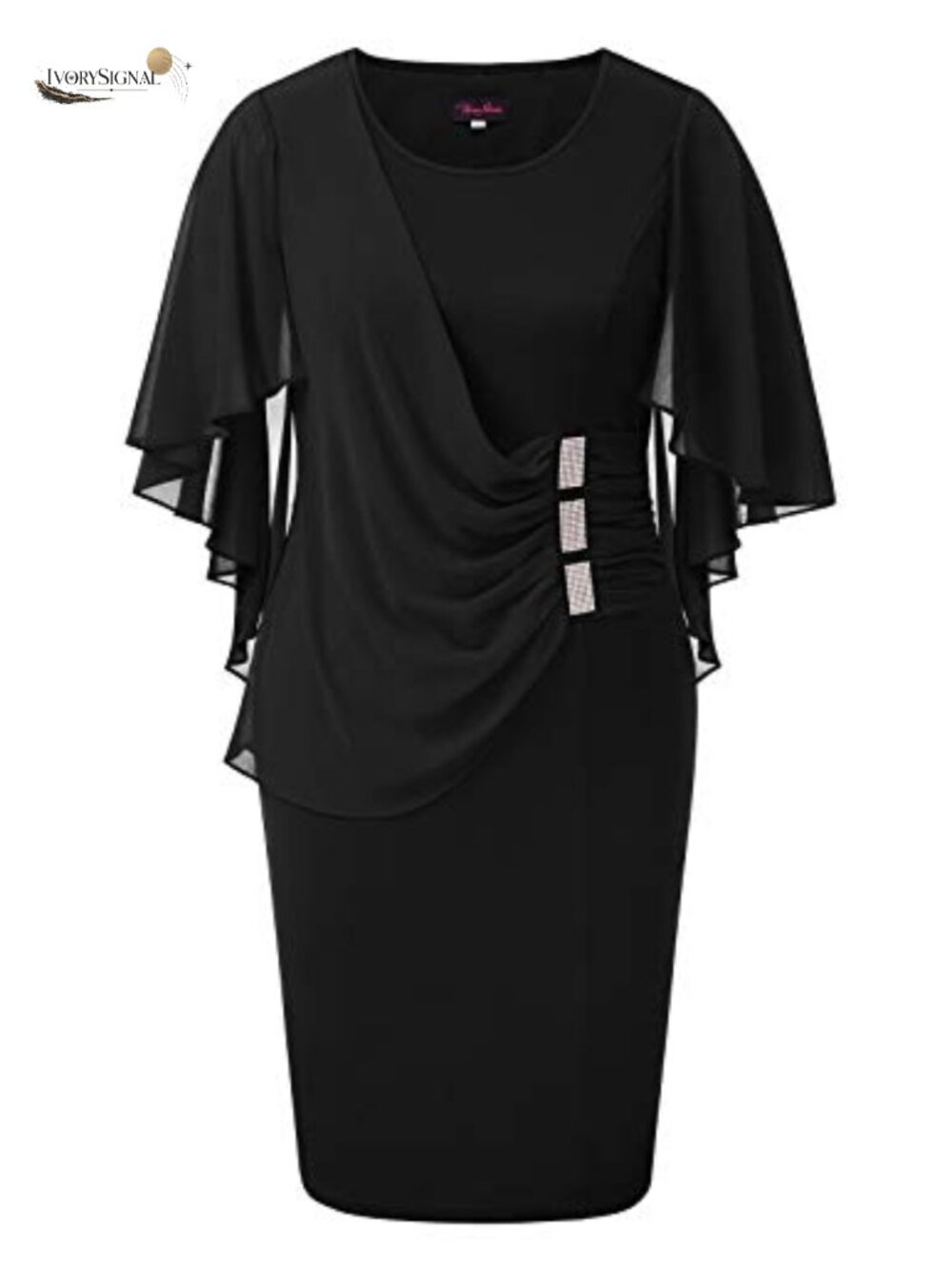Plus Size Chiffon Ruffle Cape Sleeve Bodycon Pencil Dress